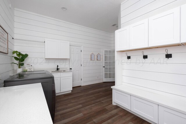 mudroom featuring separate washer and dryer, wooden walls, dark hardwood / wood-style floors, and sink