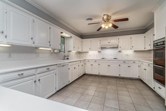 kitchen featuring sink, crown molding, double oven, white dishwasher, and white cabinets