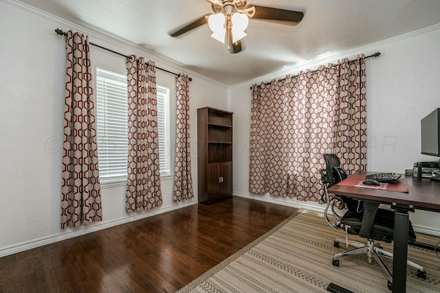 office with hardwood / wood-style flooring, ceiling fan, and crown molding