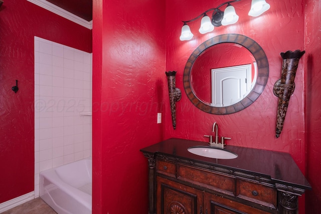 full bathroom featuring vanity, ornamental molding, and tile patterned floors