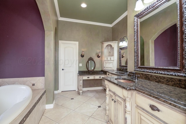 full bathroom featuring tile patterned floors, ornamental molding, tiled bath, and vanity