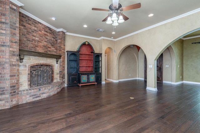 unfurnished living room featuring a ceiling fan, recessed lighting, wood finished floors, and visible vents
