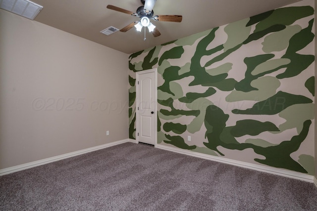 unfurnished room featuring baseboards, a ceiling fan, carpet flooring, and visible vents