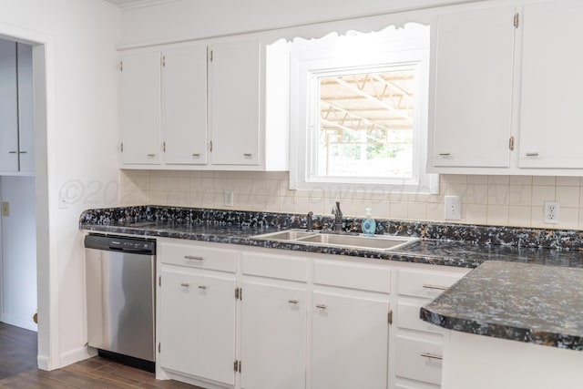 508 S Austin St, Shamrock, TX 79079 - kitchen with dishwasher, white cabinets, dark wood-style flooring, decorative backsplash, and dark stone counters