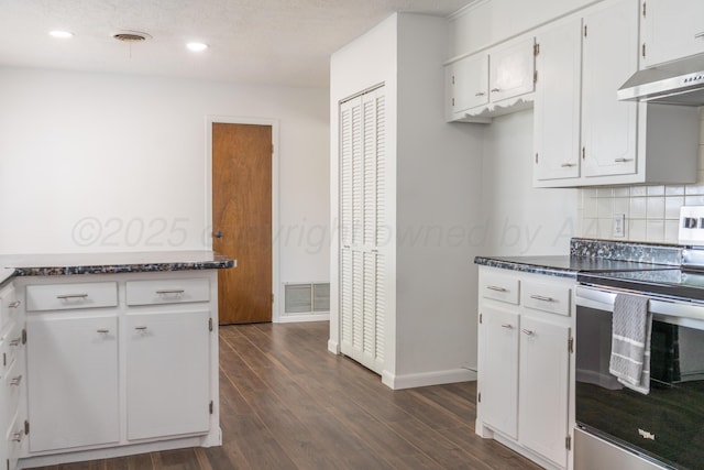 508 S Austin St, Shamrock, TX 79079 - kitchen featuring stainless steel range with electric stovetop, under cabinet range hood, tasteful backsplash, dark wood-type flooring, and white cabinets