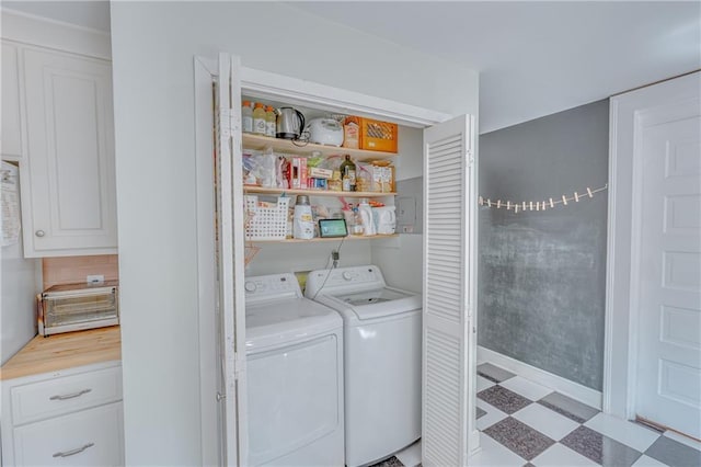 laundry room with independent washer and dryer, laundry area, a toaster, and light floors