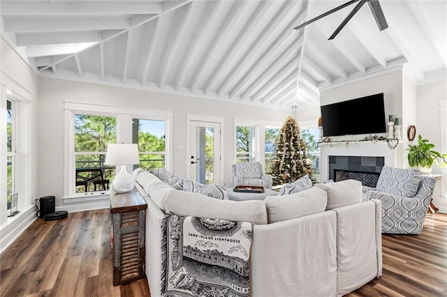 204 Magnolia Ct, Dauphin Island, AL 36528 - living room with a fireplace, vaulted ceiling with beams, dark wood-type flooring, and ceiling fan