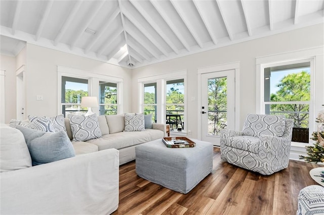 204 Magnolia Ct, Dauphin Island, AL 36528 - living room with dark wood finished floors and vaulted ceiling with beams