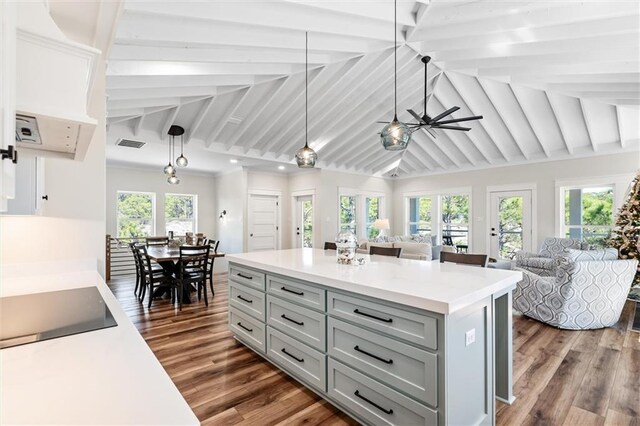 204 Magnolia Ct, Dauphin Island, AL 36528 - kitchen with dark wood-style floors, visible vents, gray cabinetry, black electric cooktop, and open floor plan
