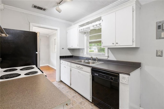 120 Shell Road Pl, Mobile, AL 36607 - kitchen with dishwasher, freestanding refrigerator, white cabinetry, crown molding, and dark countertops