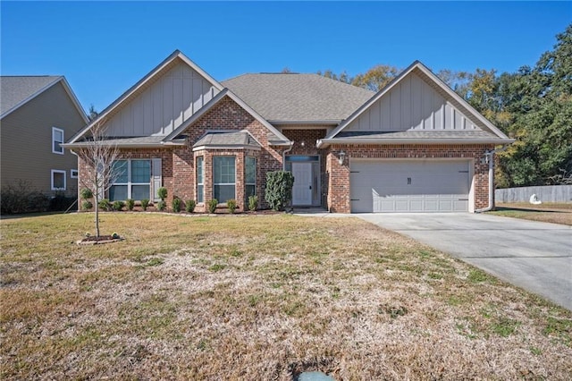 craftsman inspired home featuring an attached garage, driveway, board and batten siding, brick siding, and a front yard