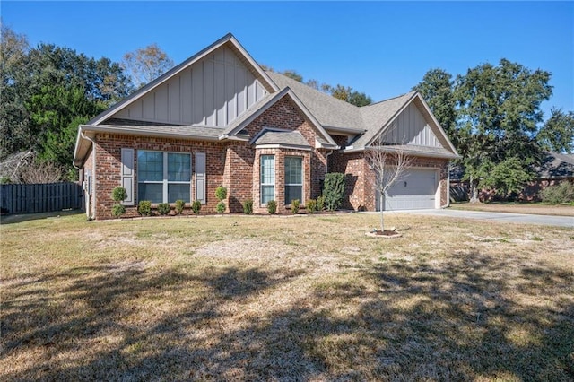 craftsman-style home with fence, brick siding, board and batten siding, and a garage