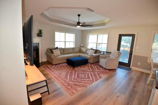 living room featuring ornamental molding, hardwood / wood-style flooring, a raised ceiling, and ceiling fan