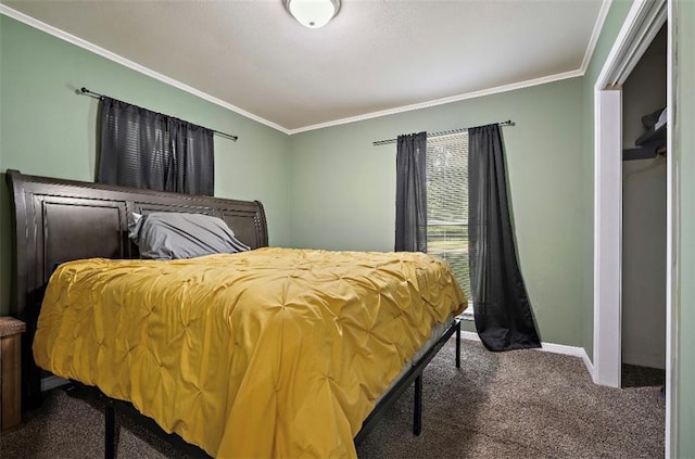 carpeted bedroom with ornamental molding