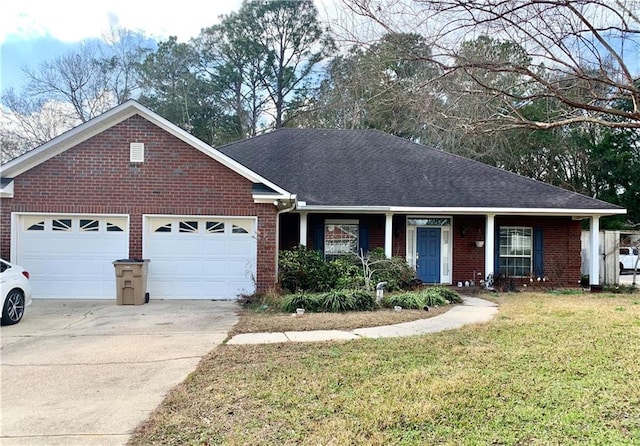 ranch-style house featuring a garage and a front yard