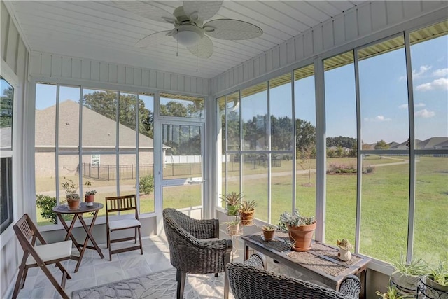 sunroom / solarium featuring wood ceiling and ceiling fan