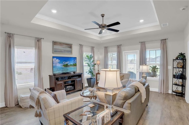 living room featuring a raised ceiling, light hardwood / wood-style floors, and plenty of natural light