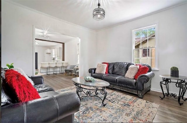 living room with hardwood / wood-style floors and ornamental molding