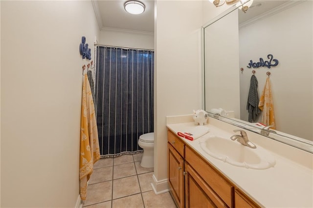 bathroom featuring tile patterned floors, vanity, toilet, and crown molding