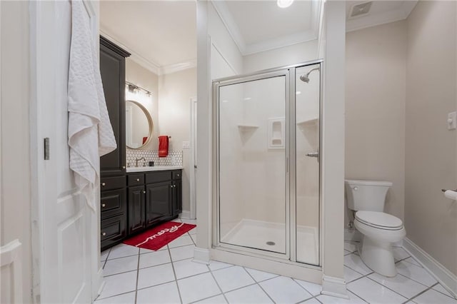 bathroom with vanity, toilet, walk in shower, and ornamental molding