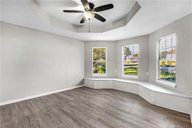 unfurnished room with wood-type flooring, a raised ceiling, and ceiling fan