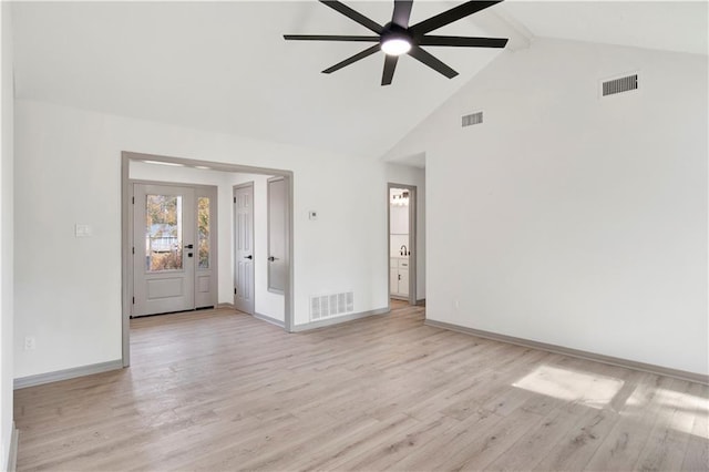 empty room with ceiling fan, high vaulted ceiling, beam ceiling, and light hardwood / wood-style floors