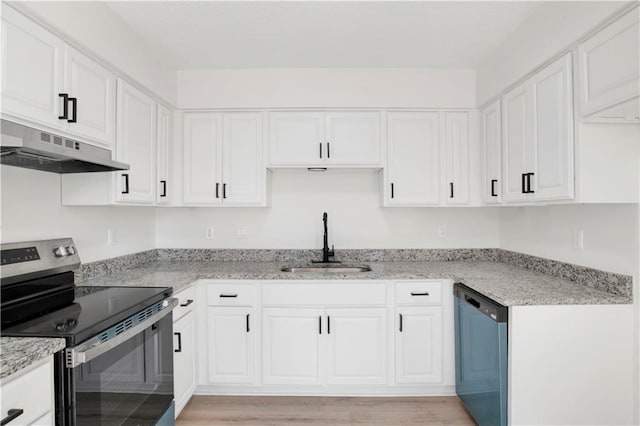 kitchen with sink, white cabinetry, stainless steel electric range, light hardwood / wood-style flooring, and black dishwasher