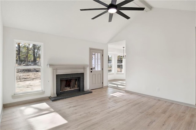 unfurnished living room featuring beamed ceiling, high vaulted ceiling, ceiling fan with notable chandelier, and light hardwood / wood-style flooring