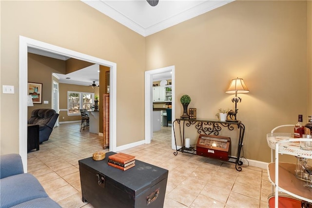 8814 Dawes Lake Rd N, Mobile, AL 36619 - interior space featuring crown molding, light tile patterned floors, baseboards, and ceiling fan