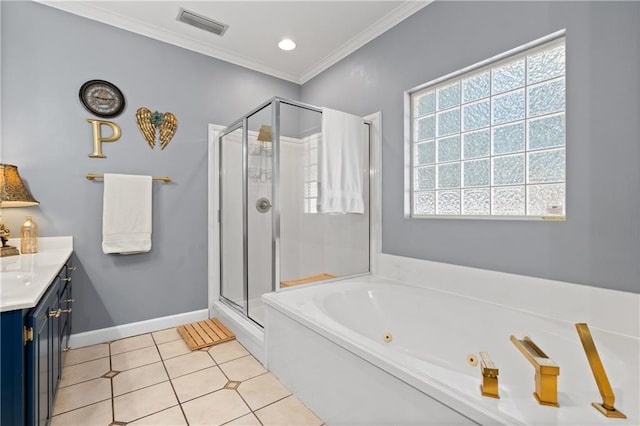 bathroom featuring vanity, crown molding, tile patterned floors, and independent shower and bath