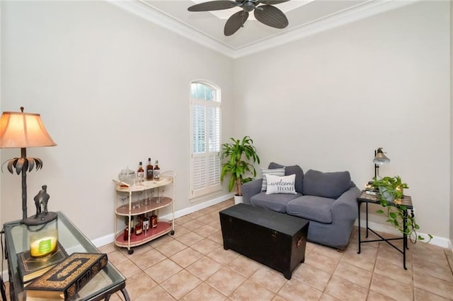 8814 Dawes Lake Rd N, Mobile, AL 36619 - living area with ornamental molding, light tile patterned flooring, a ceiling fan, and baseboards