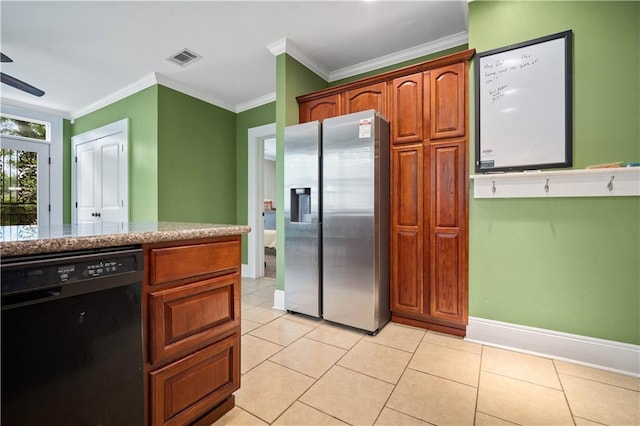 603 Glenwood St, Mobile, AL 36606 - kitchen with black dishwasher, stainless steel fridge, crown molding, baseboards, and light tile patterned flooring