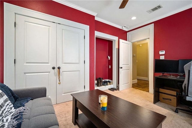 603 Glenwood St, Mobile, AL 36606 - office area with light colored carpet, crown molding, ceiling fan, recessed lighting, and baseboards