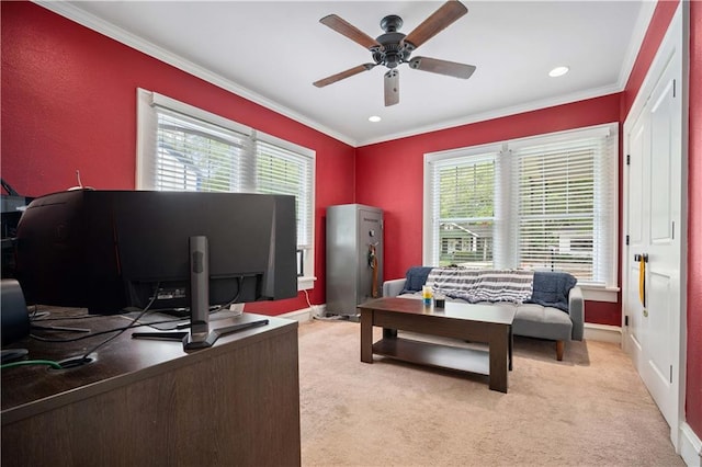 603 Glenwood St, Mobile, AL 36606 - office area featuring healthy amount of natural light, ornamental molding, a ceiling fan, light carpet, and recessed lighting