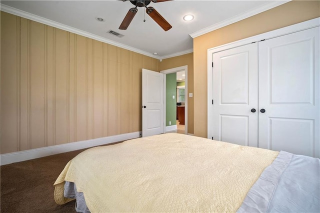 603 Glenwood St, Mobile, AL 36606 - carpeted bedroom with ornamental molding, a closet, recessed lighting, ceiling fan, and baseboards