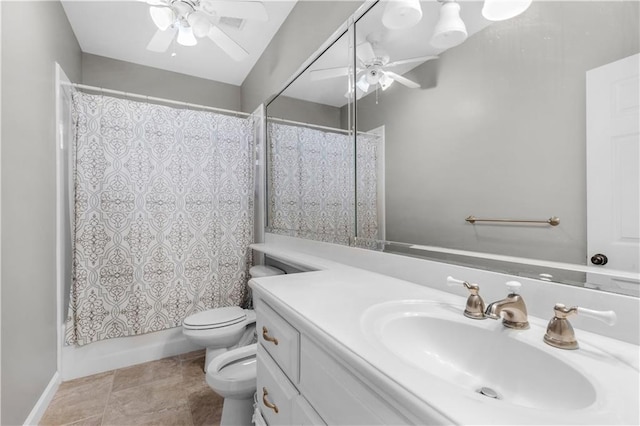 full bathroom with shower / bathtub combination with curtain, toilet, a bidet, and ceiling fan