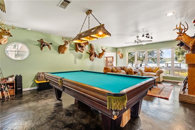 playroom featuring billiards and ceiling fan