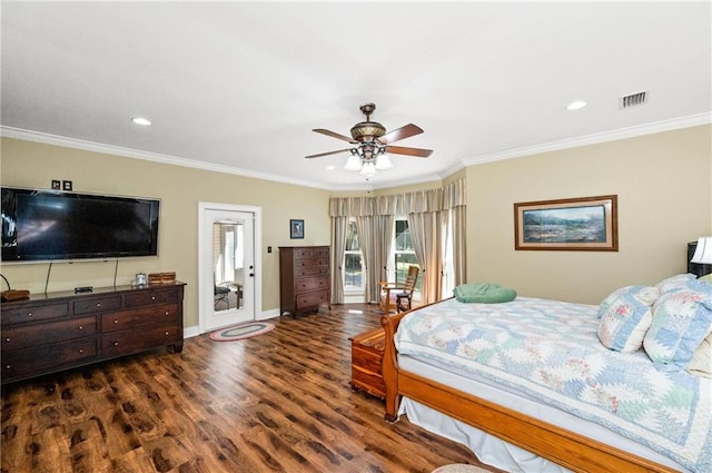 bedroom featuring ornamental molding, ceiling fan, and dark hardwood / wood-style floors