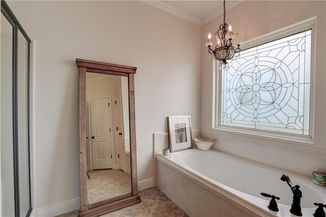 bathroom with crown molding, separate shower and tub, a notable chandelier, and tile patterned flooring