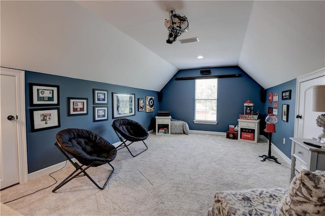 rec room with lofted ceiling and carpet flooring