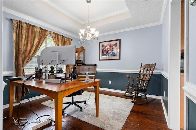 12601 Deer Ridge Dr, Wilmer, AL 36587 - home office featuring wood-type flooring, a raised ceiling, crown molding, and a chandelier