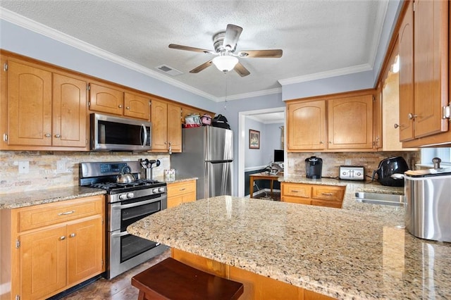 12601 Deer Ridge Dr, Wilmer, AL 36587 - kitchen featuring stainless steel appliances, a peninsula, ceiling fan, light stone countertops, and backsplash
