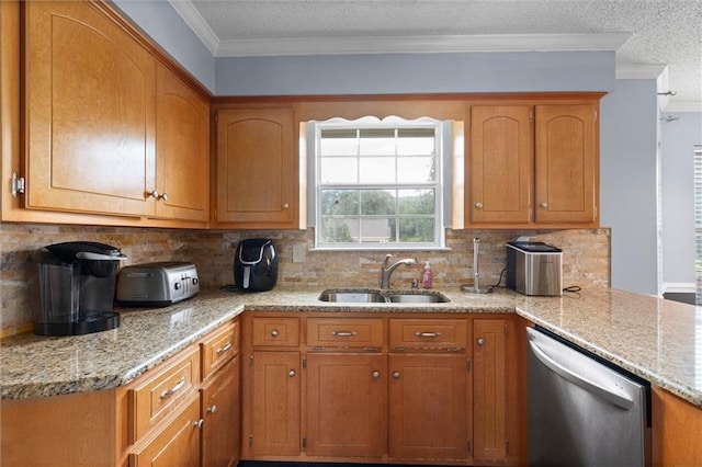 12601 Deer Ridge Dr, Wilmer, AL 36587 - kitchen featuring dishwasher, crown molding, a textured ceiling, tasteful backsplash, and brown cabinetry