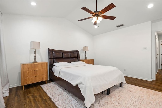 bedroom with vaulted ceiling, dark wood-type flooring, baseboards, ceiling fan, and recessed lighting