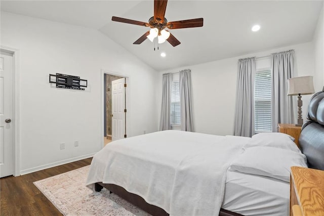 bedroom with dark wood-style floors, vaulted ceiling, recessed lighting, baseboards, and a ceiling fan