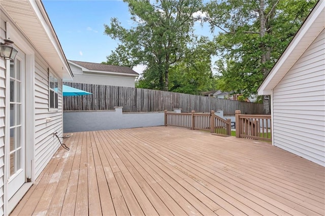 wooden terrace with a fenced backyard