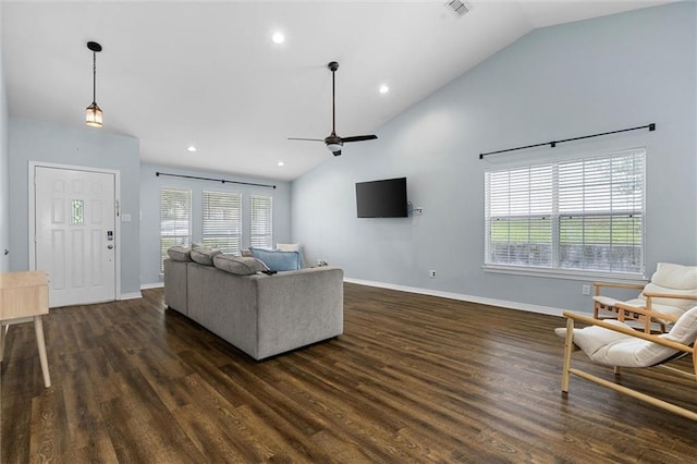 living area with a ceiling fan, dark wood-style flooring, baseboards, recessed lighting, and high vaulted ceiling