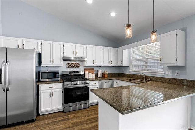 kitchen with appliances with stainless steel finishes, a sink, under cabinet range hood, white cabinetry, and lofted ceiling