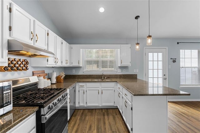 kitchen featuring stainless steel appliances, under cabinet range hood, a peninsula, a sink, and white cabinets