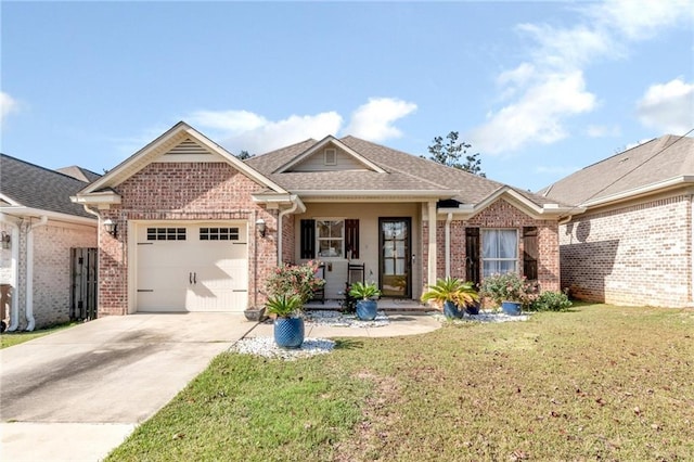 craftsman house featuring a shingled roof, concrete driveway, an attached garage, a front lawn, and brick siding